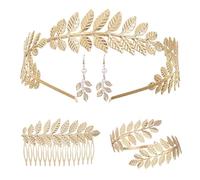 Diyxisk Kits 4 Pièces Couronne Laurier Or Accessoire Déesse Grecque Serre tête Feuille Peigne Bracelet Bras Boucles d'Oreilles Parure Bijoux Cheveux Mariage Déguisement Romain pour Femme Fête