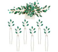 Dizila Lot de 7 peignes à cheveux en forme de U avec perles de cristal vert émeraude pour fête, mariage, mariée, demoiselles d'honneur, femmes et filles