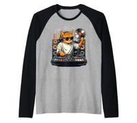 DJ Cat Turntable Vinyl Record Graphic Manche Raglan
