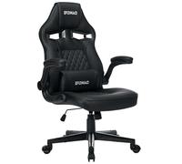 DJ·Wang Chaise de bureau, ergonomique, avec accoudoirs pliables, peu encombrante, fonction bascule de 90 à 107 °, en cuir synthétique, avec coussin lombaire - Charge maximale : 120 kg - Noir
