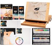 DJAR Lot de 50 pièces de peinture acrylique avec boîte de chevalet de table, 24 couleurs de peinture acrylique, carnet de croquis, tampons de peinture et kit complet de fournitures d'art acrylique
