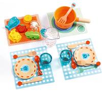 DJECO Dinette Imitation à la Table des Chatons, dès 18m - Apprentissage Ludique des Séquences d'un Repas - Éveil des Couleurs et Formes - Set Complet pour Dresser la Table et Boîte de Rangement