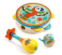 DJECO Animambo Tambourin Maraca Castagnettes Instrument de Musique Ensemble - Mignon Perroquet Poisson et Hibou Design Jouet Musical ducatif pou