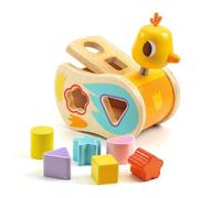 DJECO Boitatou Boîte à Formes - Jouet d'Eveil en Bois en Forme de Poussin avec Couvercle, dès 18 Mois - Développe la Dextérité et l'Appréhension des Couleurs - 6 Formes Faciles à Attraper
