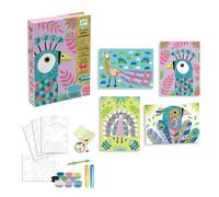 DJECO, Kit créatif de sable pour enfant, Oiseaux, Pailleté, 4 tableaux | Activité Manuelle Propre sans Salissure, Éveil Artistique, Pour Filles et Garçons 6 à 10 Ans, Cartes Préencollées, Cadeau