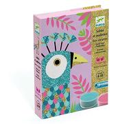 DJECO Kit Créatif Sable Pailleté - 6-10 ans - 4 Tableaux d'Oiseaux Scintillants - Développe les Compétences Artistiques - 4 Cartes Illustrées et Préencollées, Sables et Paillettes - Activité Propre