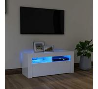 DJEKA Meuble TV LED Meuble TV Bois Meuble TV Haute Banc TV Meuble Television Meuble TV avec Rangement Table TV Salon Banc TV-Blanc brillant-90x35x40 cm