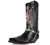 DJFOG Bottes de Cowboy occidentales brodées rétro pour Hommes, Bottes mi-Mollet résistantes à l'eau, Harnais à Bout Pointu, Bottes de Moto,Noir,45 EU