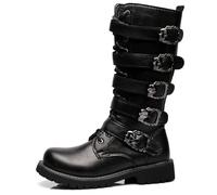 DJFOG Bottes de Moto Punk Rock pour Hommes, Bottes mi-Mollet rétro avec Boucle en métal, Bottes Militaires à Lacets en Cuir synthétique Souple, Semelle extérieure Solide,Noir,40 EU