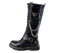 DJFOG Bottes occidentales pour Hommes, Bottes de Pirate médiévales, Bottes de Moto de Style Punk, Bottes de Combat Militaires à Lacets avec chaîne en métal, Bottes Gothiques rétro,Noir,45 EU