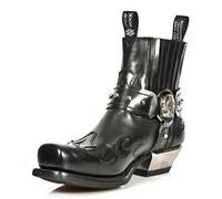 DJFOG Bottines Western pour Hommes avec Boucle Sangle - Bottes Rétro en Cuir à Bout Carré - Style Cowboy et Moto - Noir, 42 EU