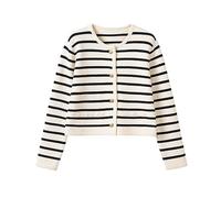 DJFOG Cardigan rayé pour femme, col rond, boutons dorés, cardigan à manches longues pour femme, Noir , S