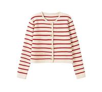 DJFOG Cardigan rayé pour femme, col rond, boutons dorés, cardigan à manches longues pour femme, Rouge, M