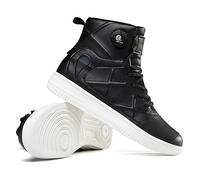 DJFOG Chaussures de Moto pour Homme et Femme, Bottes de Moto Motard en Cuir Respirant avec Maintien de la Cheville, Semelles antidérapantes hydrofuges,Noir,43