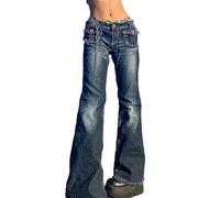 DJFOG Pantalon Taille Basse pour Femme Y2K années 90 - Pantalon Cargo Baggy Taille Basse avec Poches en Denim - Tenues avec Bas Cloche,Noir,L