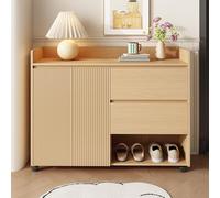 DJHWX Armoire à chaussures avec 2 portes et 2 tiroirs, roue universelle avec frein, étagère réglable, grand espace de rangement, charnière d'amortissement, 110 x 35 x 86 cm, couleur naturelle