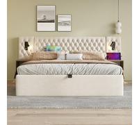 DJHWX Lit capitonné 160 x 200 cm, lit de rangement hydraulique, lit double, avec 2 tables de chevet, lampe de lecture avec fonction de charge USB, beige, velours (sans matelas)