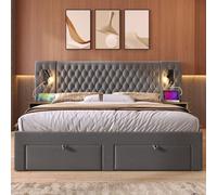 DJHWX Lit rembourré, 180 x 200 cm, lit double, avec 2 tables de chevet et 4 tiroirs, sommier à lattes, lampe de lecture avec fonction de charge USB, gris, velours (sans matelas)