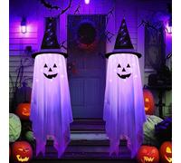 DJLLA Halloween Suspendu Fantôme Décoration, 2 Pièces 1.35M Fantôme Lumière LED Peur Décorations Halloween Extérieur, Chapeau Sorcière Lumière Violet
