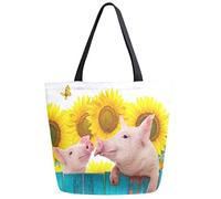 DJNGN 3D Funny Pigs Hanging on Clôture Sunflowes Butterfly Extra Large Canvas Shoulder Tote Top Storage Handle Bag for Gym School Beach Weekender Travel Réutilisable Grocery Shopping