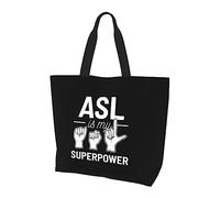 DJNGN Asl Is My Superpower American Sign Language Sac à main en toile léger pour femme Sac de courses réutilisable Noir