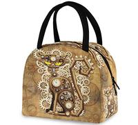 DJNGN Chic Steampunk Cat Vintage Sac fourre-tout réutilisable avec poche avant Fermeture à glissière Sac isotherme isotherme pour travail, pique-nique, voyage, pêche à la plage