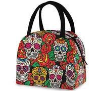 DJNGN Mexicain Sugar Skull Red Rose Lunch Tote Bag avec Poche Avant Réutilisable Isotherme Thermique Fermeture à Glissière Glacière Conteneur Sac pour Travail Scolaire Pique-Nique Voyage Pêche Plage