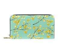 DJNGN Portefeuille Cuir Cuir Zip Long Porte Monnaie Branches Mimosa Jaune Fond Vert