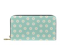 DJNGN Portefeuille Cuir Cuir Zip Long Porte Monnaie Petite Marguerite Blanche Motif Vert Clair