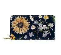 DJNGN Portefeuille Cuir Cuir Zip Long Porte Monnaie Tournesol Petite Marguerite Blanche Motif Floral Bleu Marine