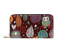DJNGN Portefeuille Cuir Cuir Zip Long Purse Hibou Stand on The Branch Leaves Colorful