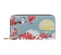 DJNGN Portefeuille Cuir Cuir Zip Long Purse Japanese Watercolor Oriental Cherry Snow Mountain Sunset