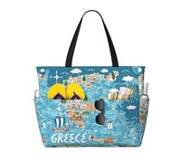 DJNGN Sac de plage pour femme, grand format, imprimé carte de la Grèce, imperméable, pliable et zippé, idéal pour les voyages et les vacances.