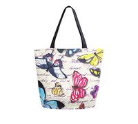 DJNGN Sac fourre-tout en toile pour femmes, sac à main à bandoulière décontracté, grand sac d'épicerie réutilisable, papillon et texte écrit à la main