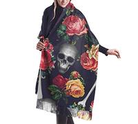 DJNGN Skull Bones and Floral Pattern Cashmere Scarf for Women Men Lightweight Oversized Fashion Soft Winter Scarves Fringe Shawl Wrap