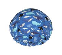 DJnni Bonnet de douche réutilisable à motif baleine, double couche, bonnet de douche non mouillant, grande taille pour toutes les longueurs de cheveux