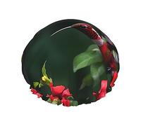 DJnni Bonnet de douche réutilisable avec motif colibris et hibiscus - Double couche - Non mouillant - Grande taille pour toutes les longueurs de cheveux