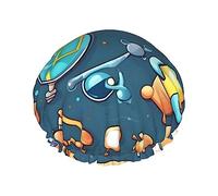 DJnni Bonnet de douche réutilisable sur le thème de la science de dessin animé, double couche, bonnet de douche non mouillant, grande taille pour toutes les longueurs de cheveux