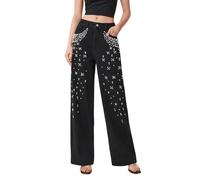 DJNVPZNT Jean Baggy Perlé Y2K pour Femmes, Taille Haute, Pantalon Scintillant pour Festival et Concert,Noir,M