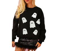 DJNVPZNT Sweatshirt Halloween Y2K avec sequins brillants pour femmes, pull mignon avec fantôme, col rond à porter lors de fêtes d'Halloween,Black 3,S