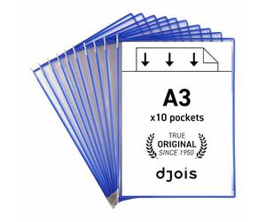 Djois, 113001 - Lot de 10 Poches à Pivots A3 Portrait - Tarifold Système d'Affichage et Présentation Documents Professionnel - PVC Souple, Résistant, Anti - Reflets, Cadre Acier - Bleu