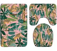 DJSKLDF Ensemble de Tapis de Bain Ensemble de 3 Tapis Bain léopard et Palmier, Jungle Tropicale Rose Verte, Couvre-Toilettes en Forme U, décoration Salle