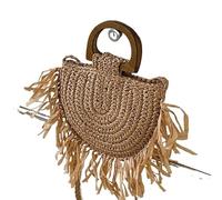 DJSKLDF Petit Sac à Main avec Pompon Sac à bandoulière en paille tressée avec pompon, style demi-cercle, panier de plage décontracté for le shopping pour Vacances(Khaki)