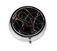 DJUETRUI Pilulier rond en marbre noir doré pour sac à main, 3 compartiments, pilulier de voyage portable en métal pour contenir des vitamines, des suppléments d'huile de poisson