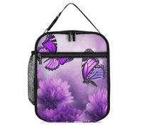 DJUETRUI Sac à déjeuner isotherme pour homme et femme, sac fourre-tout réutilisable, boîte à déjeuner, boîte à déjeuner, motif fleurs violettes et papillons, sac à déjeuner pour le travail, le