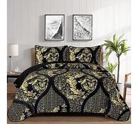DJY Parure de lit 3 pièces en Microfibre Douce et légère pour Toutes Les Saisons - Motif damassé doré de Style bohème - pour Grand lit - Noir