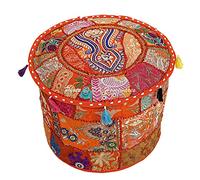 DK Homewares Indien Décoratif Ottoman Housse de Pouf Orange Ronde Floral Patchwork Brodé Décoratif Coton (16x16x13 Pouces / 40 cm; Orange) - Ensemble de 1 Housse de Pouf