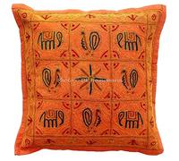 DK Homewares Indien Paillettes brodées de Fils d'or Canapé 16 x 16 Orange Coton Housse de Coussin Sequins Elephant Floral Décoration de Maison Carré Taie d'oreiller (40x40 cm; Orange) -Set de 1 Pc