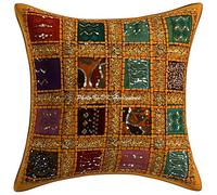 DK Homewares Traditionnelle Coton Géométrique Brodé Patchwork Jaune Taie d'oreiller 40 x 40 Cm Décor De Chambre 16 X 16 Pouces Housse De Coussin (Jaune Mangue) - 1 Pc