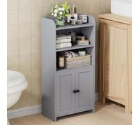 DKDAHIO Rangement d'angle de salle de bain, petite armoire, design à 2 portes, étagère réglable, support de papier toilette étroit, organisateur peu encombrant, greige, léger, durable, portable, sol